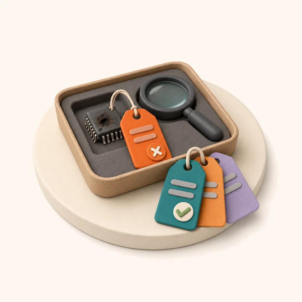 Illustration of a tray holding a faulty chip with an orange fault tag and a magnifying glass, beside colour-coded tags in teal, orange and lavender