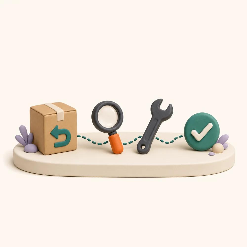 Illustration of a return box, a magnifying glass, a wrench and a tick badge joined by a dotted path on a long plinth