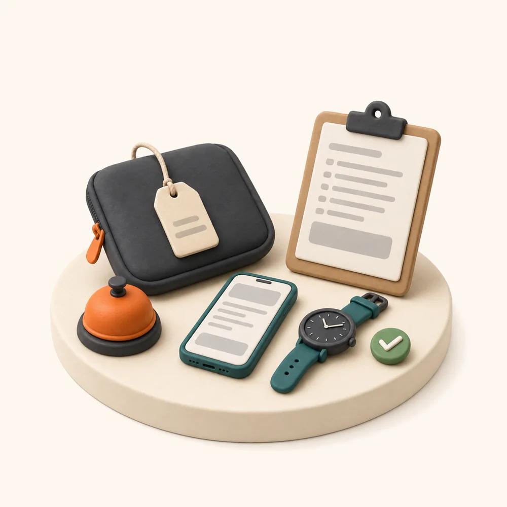Illustration of a repair counter with a service bell, a device pouch with a repair tag, a phone, a wristwatch and a clipboard