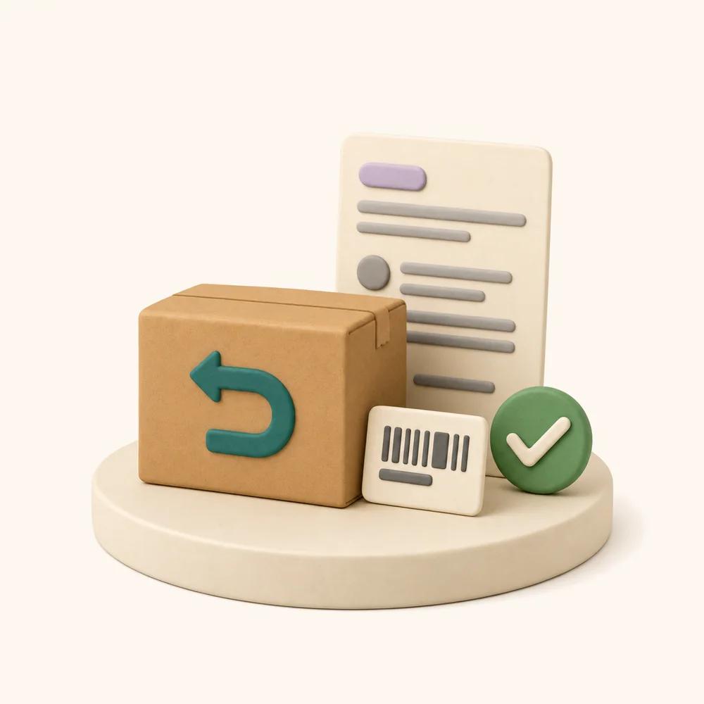 Illustration of a cardboard return box in front of a case record card with a status pill, with a barcode label and a tick badge