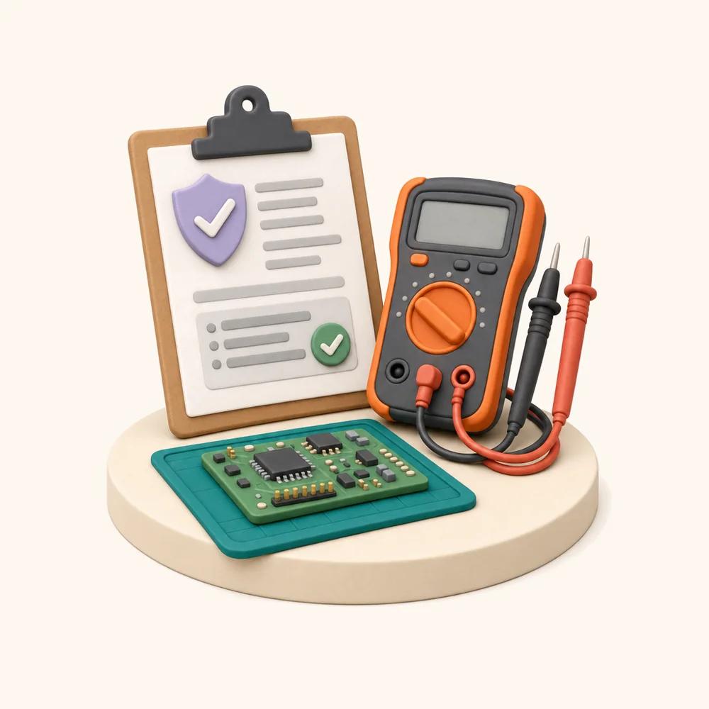Illustration of a clipboard holding a document marked with a shield and a tick, a multimeter with test leads and a circuit board on a work mat