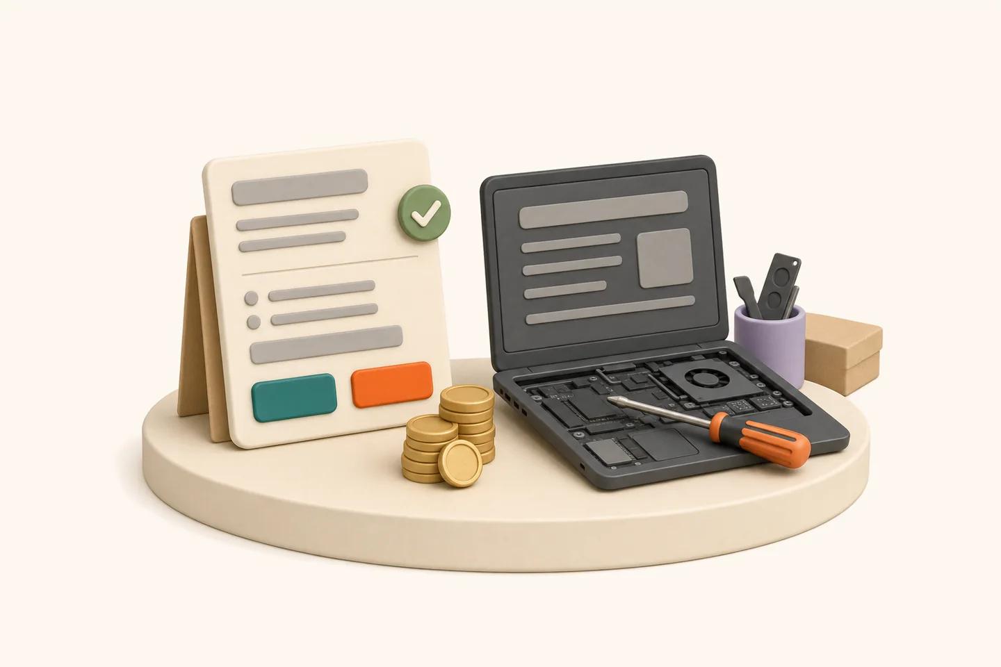 Illustration of an estimate card with accept and decline buttons, a stack of coins, and an open laptop on the bench with a screwdriver resting on it