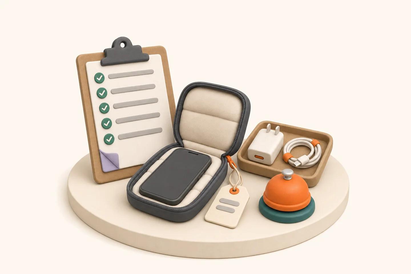 Illustration of a repair counter: a checklist on a clipboard, a phone in an open padded pouch with a tag on a string, a tray holding a charger and a cable, and a service bell
