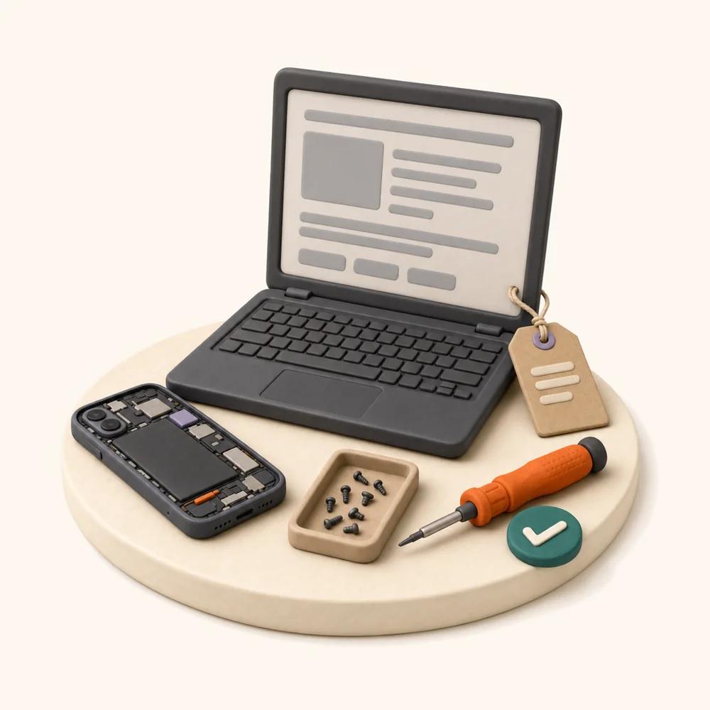 Illustration of a repair bench: an open laptop with a repair tag tied to it, a phone with its back cover removed, a tray of screws, a screwdriver and a tick badge