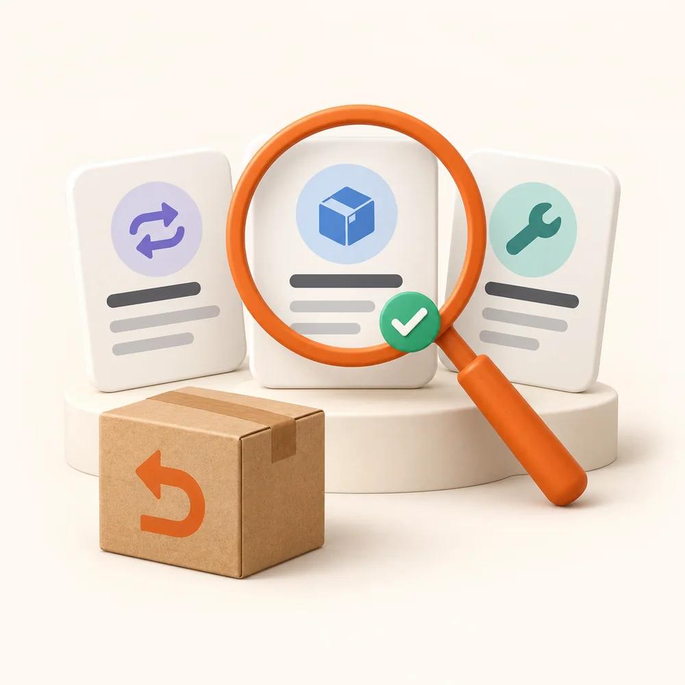 Illustration of three app cards, one showing an exchange icon, one a parcel with a green tick under a magnifying glass, and one a wrench, beside a cardboard return box