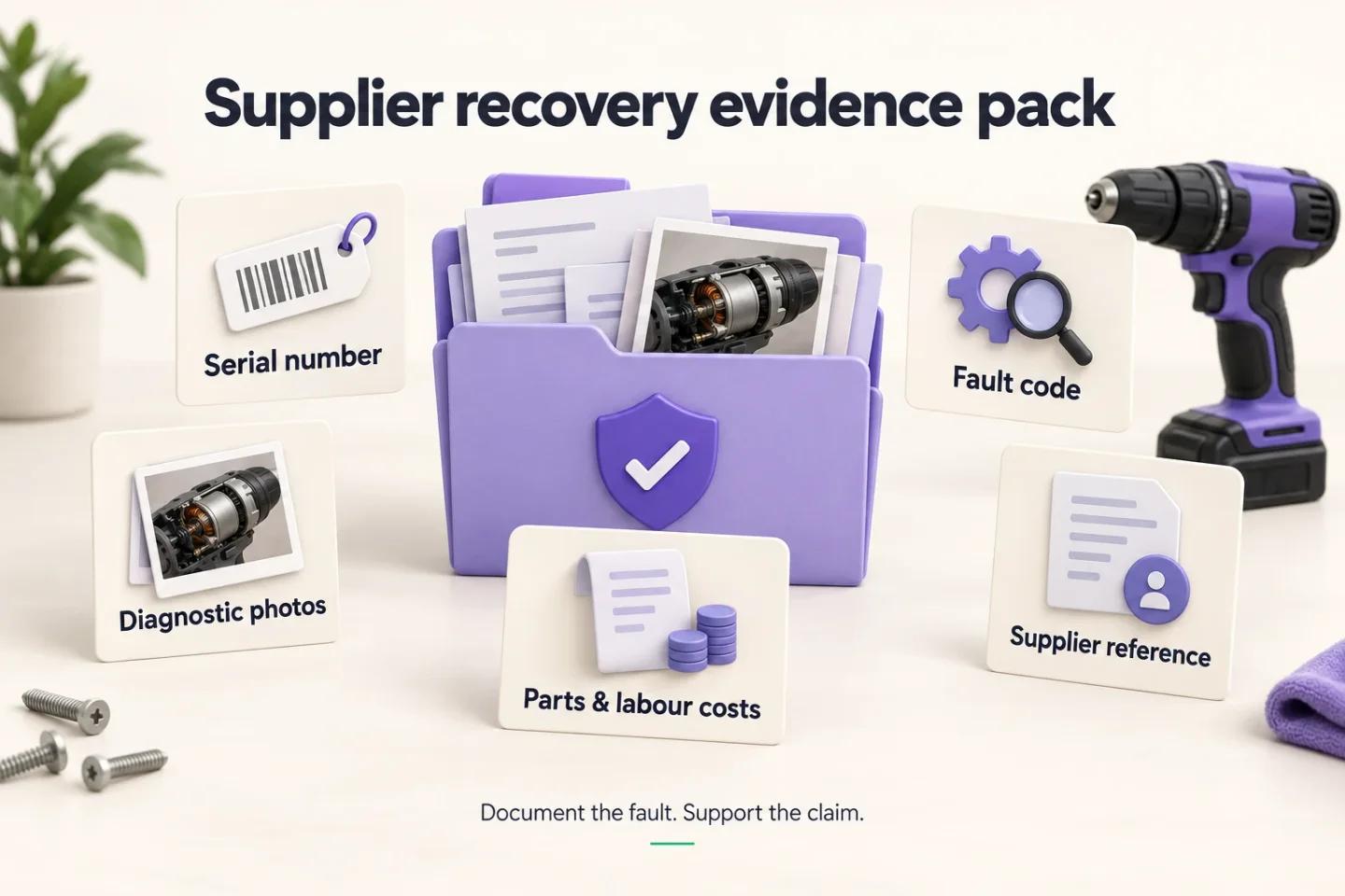 Supplier recovery evidence pack: a claim folder for a faulty drill motor holding the serial number, diagnostic photos, fault code, parts and labour costs and supplier reference. Document the fault, support the claim.