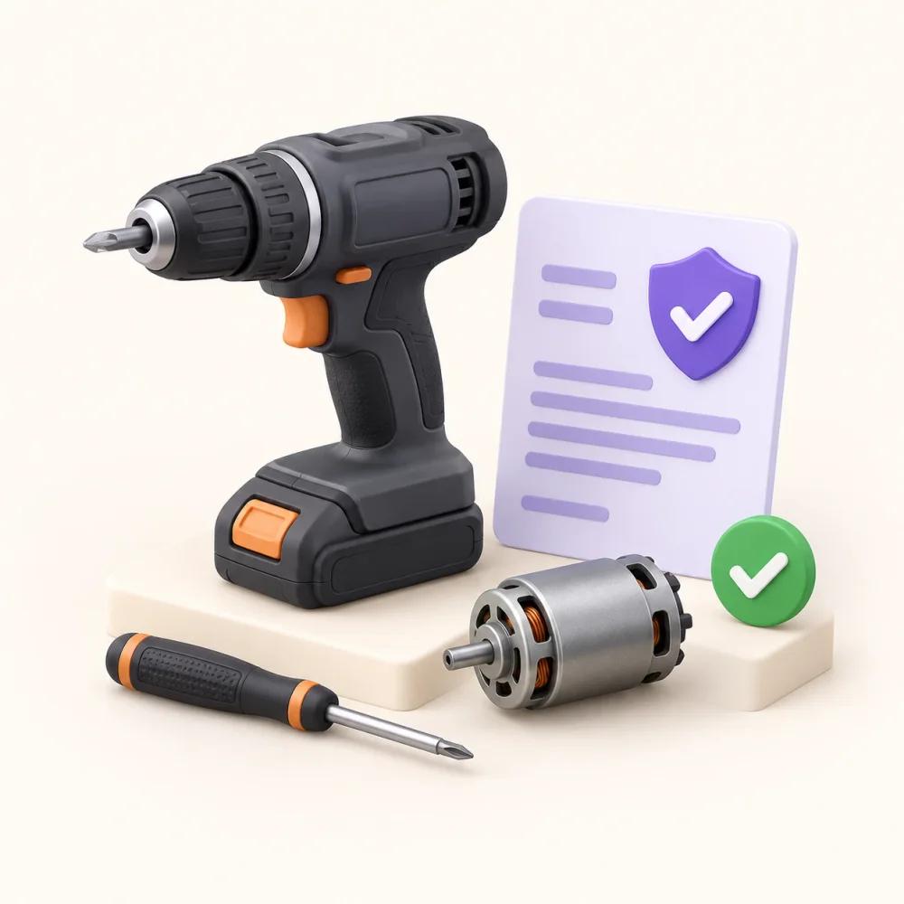 Illustration of a cordless drill, a screwdriver and a replacement motor beside a warranty document marked with a shield and a green tick