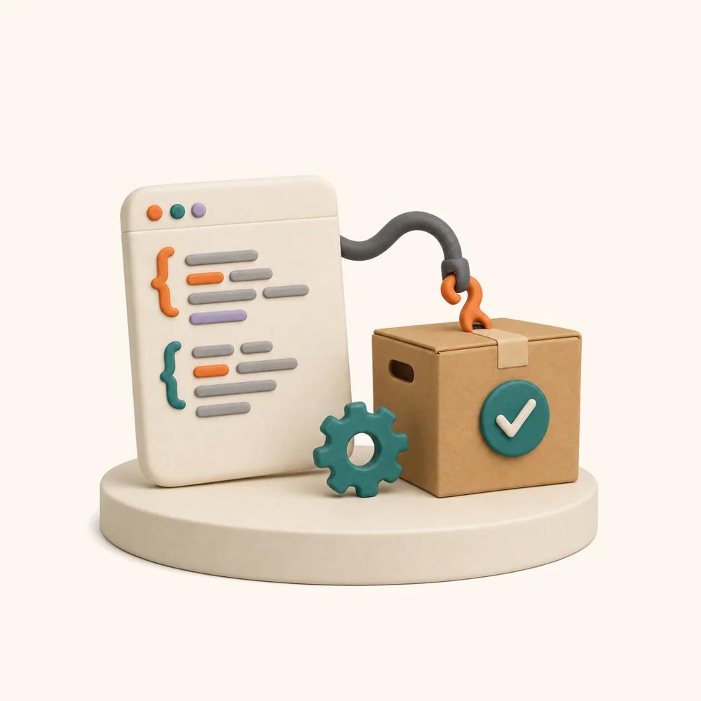 Illustration of a code window card with bracket symbols linked by a cable to a cardboard return box, with a gear