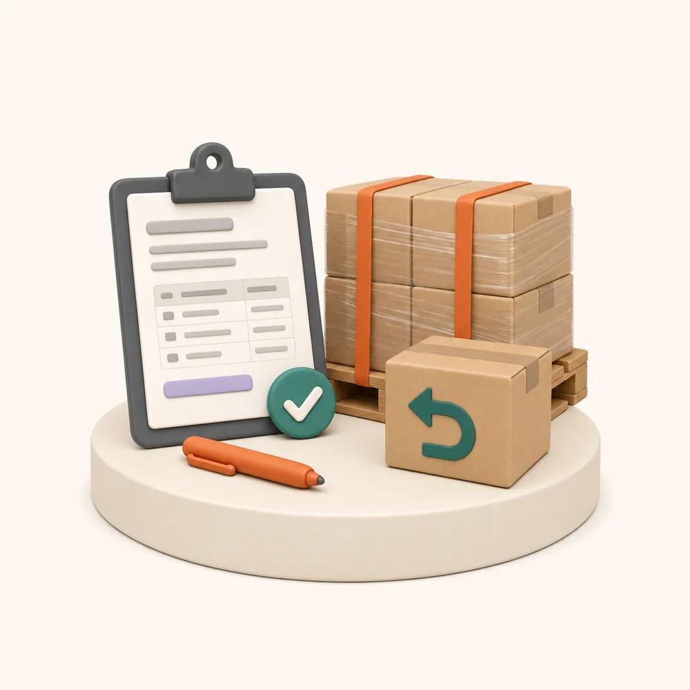 Illustration of a clipboard order form, a pallet of wrapped boxes and a cardboard return box