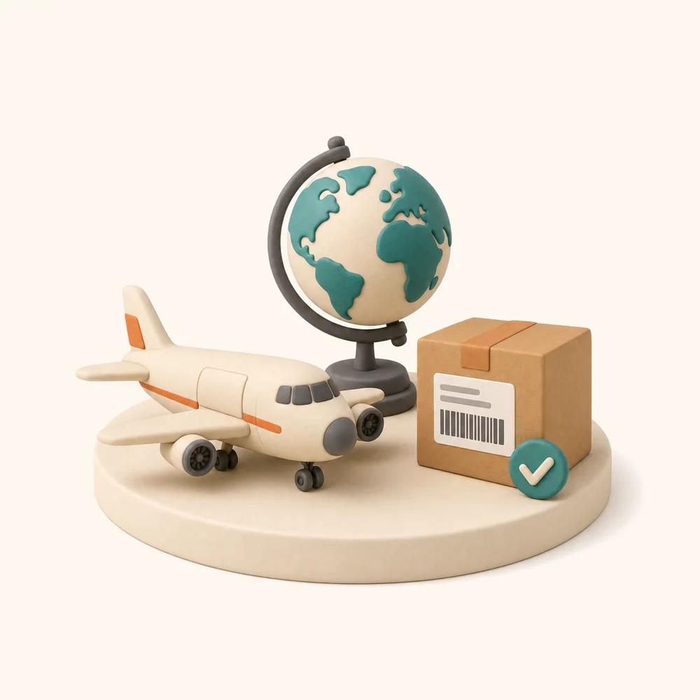 Illustration of a cargo plane, a globe and a parcel with a barcode label