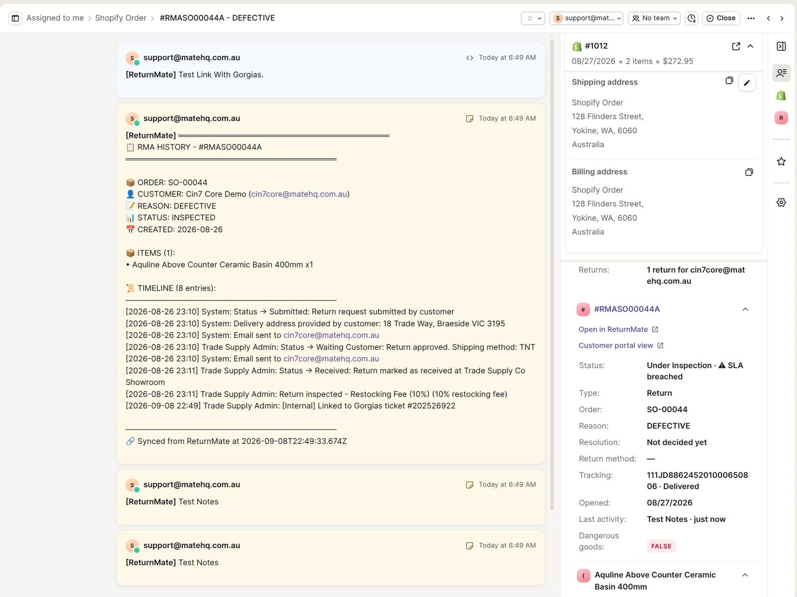 A Gorgias ticket with ReturnMate's RMA history note in the conversation and the ReturnMate widget in the right sidebar showing RMA #RMASO00044A: links to open it in ReturnMate or the customer portal, status Under Inspection with SLA breached, type Return, order SO-00044, reason DEFECTIVE, resolution not decided yet, tracking delivered, opened date, last activity and a dangerous goods flag