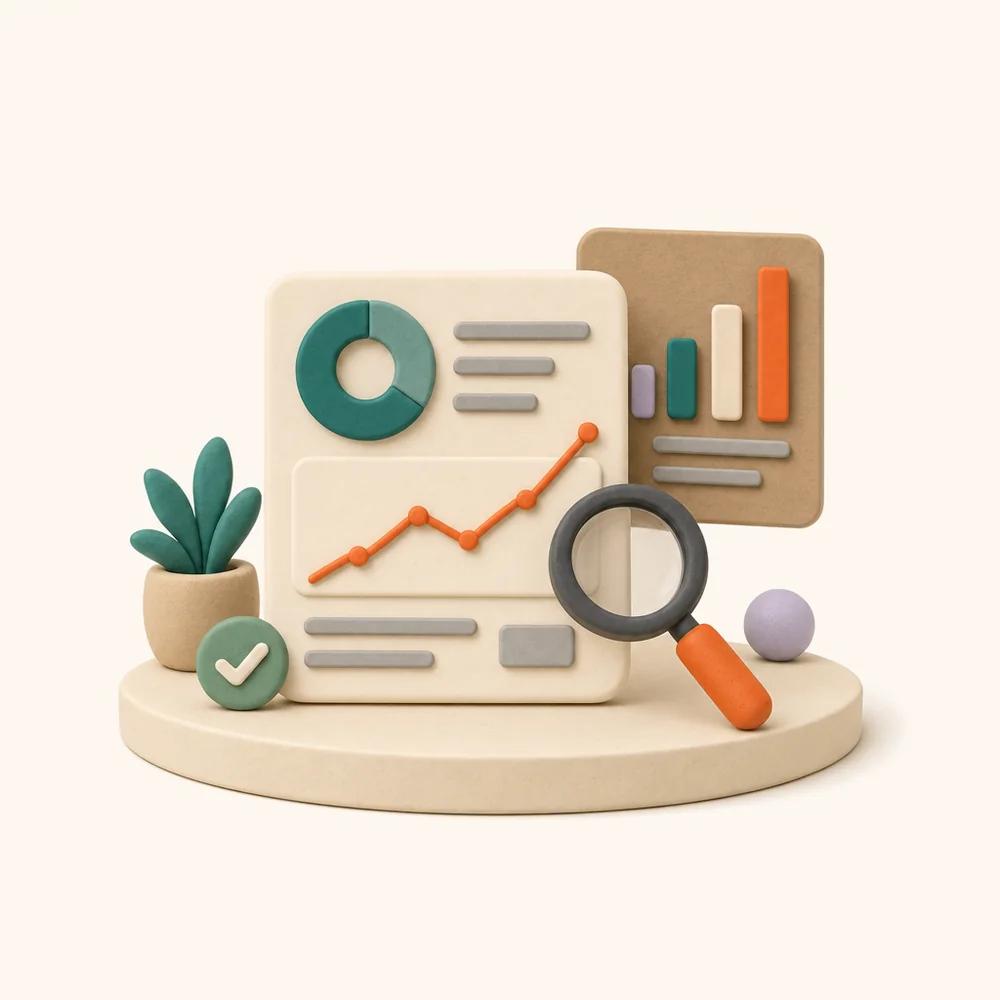 Illustration of a dashboard card with a donut chart and a rising line, a magnifying glass and a bar chart