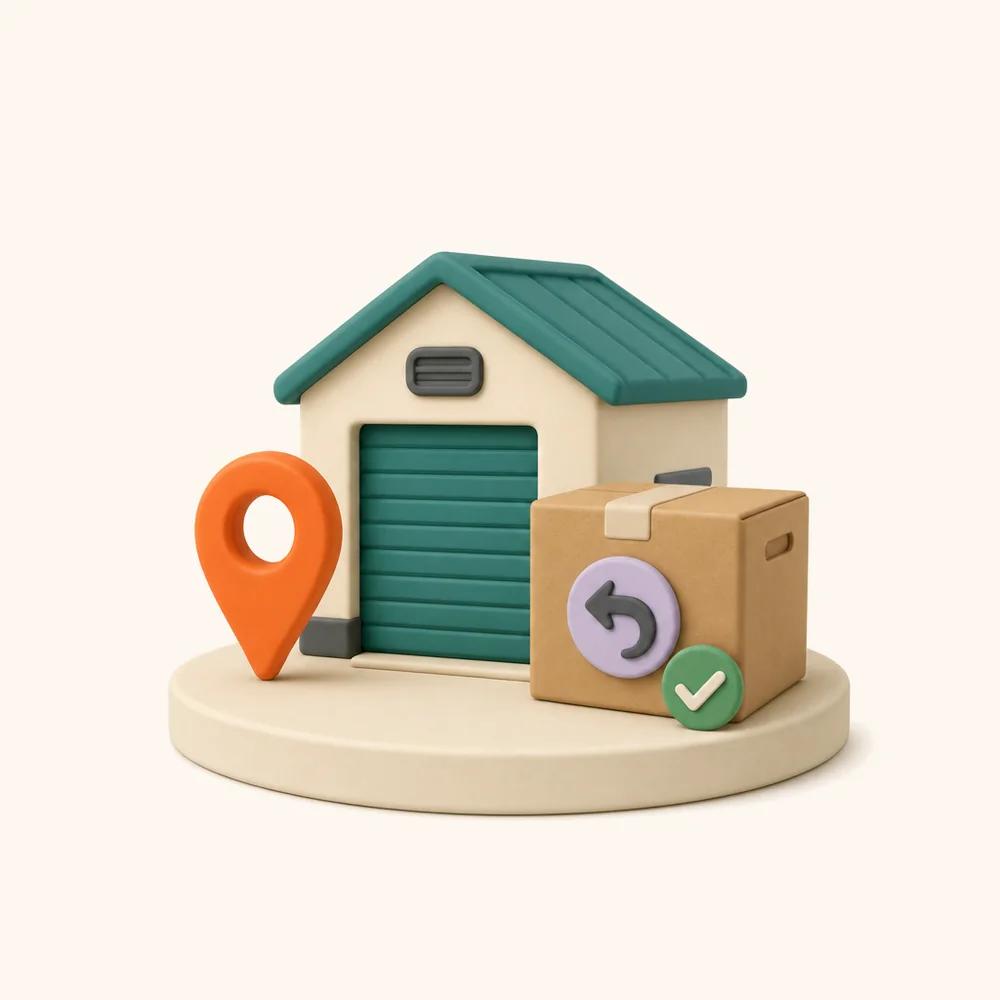 Illustration of a small warehouse with a roller door, a map pin and a cardboard return box