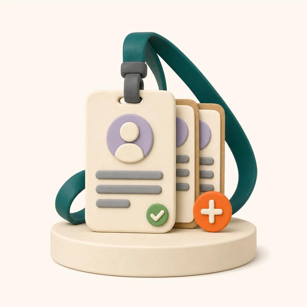 Illustration of a staff badge on a lanyard with two more badges behind it and an orange plus token