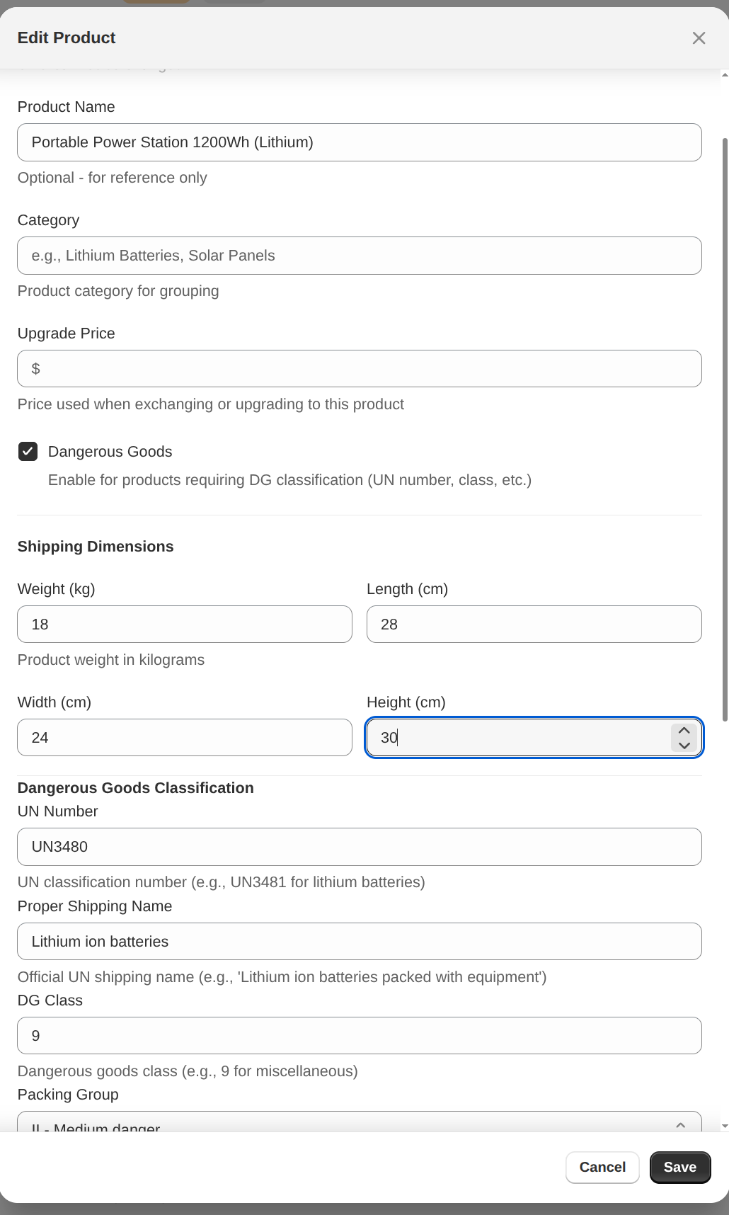 Per-SKU DG classification — UN, class, packing group