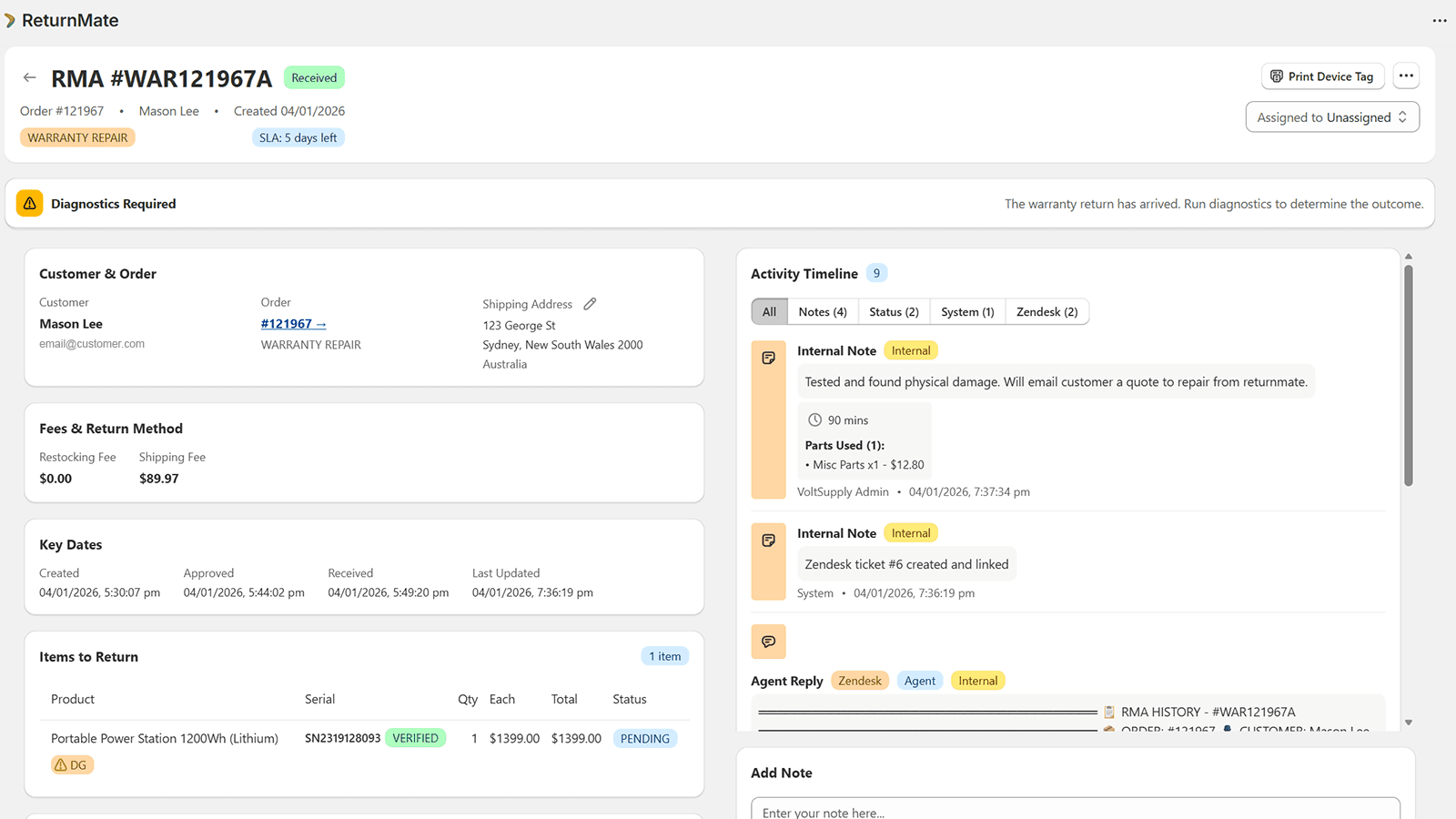 The same RMA with a technician's internal note reading tested and found physical damage, 90 minutes of labour, one part used, and a linked Zendesk ticket