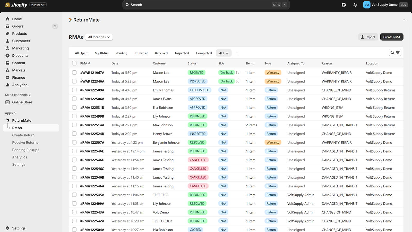 RMA list with location and assignment columns