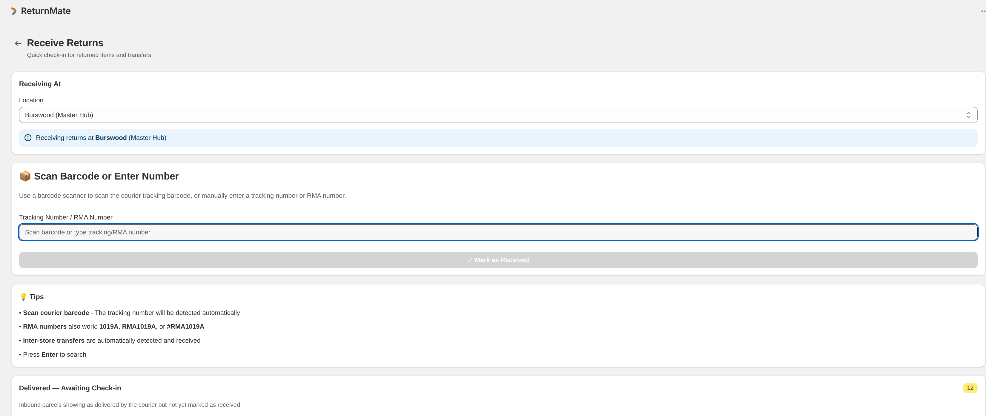 Receive Returns barcode scanner UI for warehouse check-in