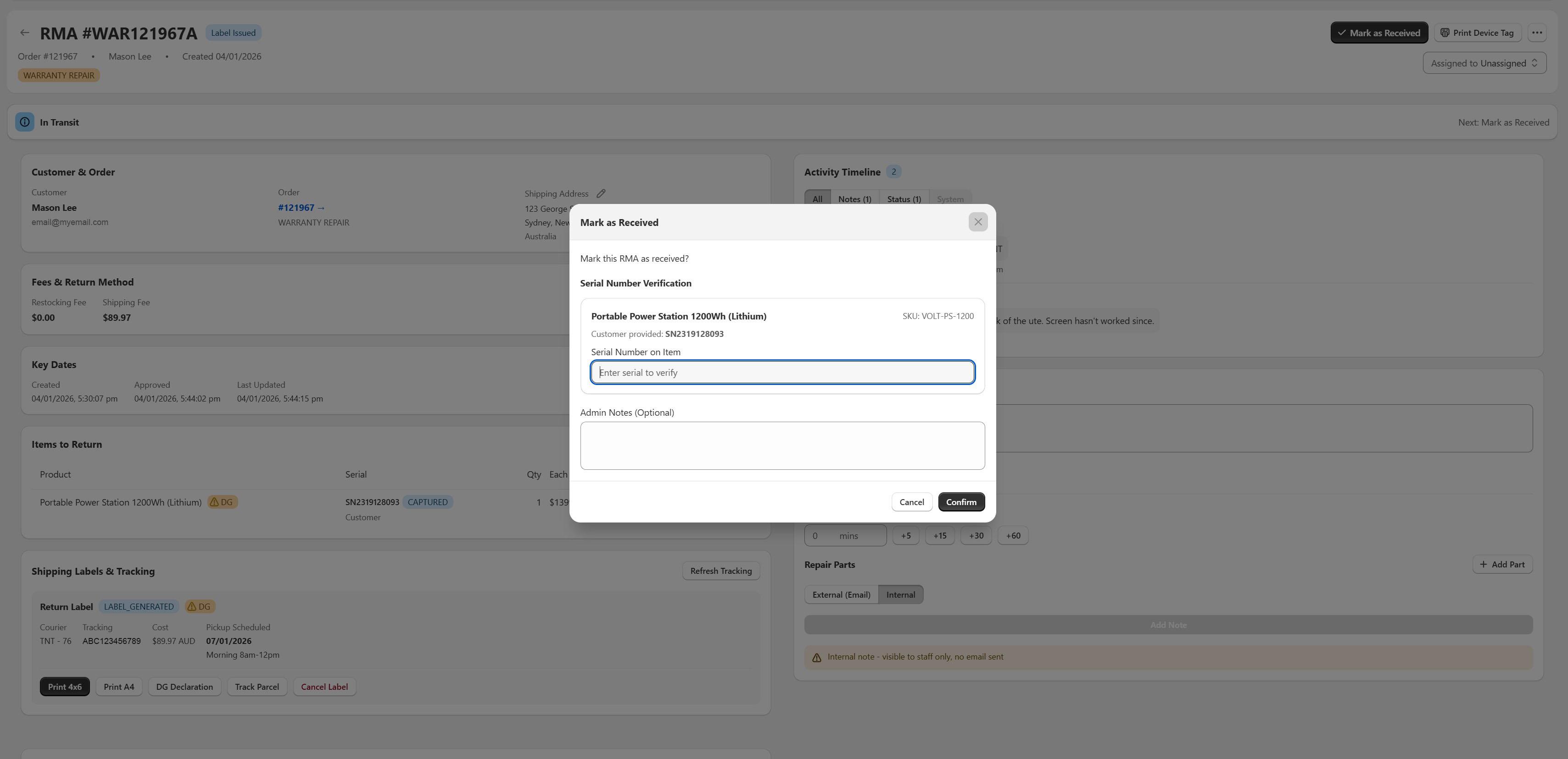 ReturnMate Mark as Received dialog asking the operator to enter the serial number on the item and checking it against the serial the customer provided at claim time