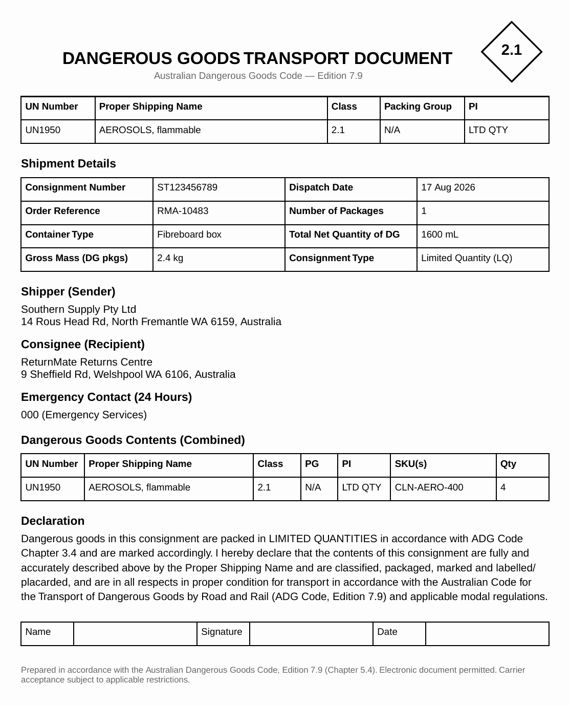 ReturnMate-generated Australian dangerous goods transport document for the same UN1950 flammable aerosol consignment, showing ADG Code Edition 7.9 references, weight in kilograms, and limited quantity per ADG Chapter 3.4