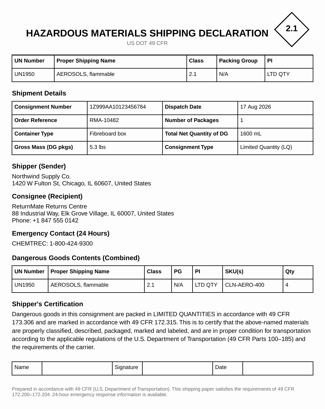 ReturnMate-generated US DOT 49 CFR hazardous materials shipping declaration for UN1950 flammable aerosols, showing CHEMTREC emergency contact, weight in pounds, and limited quantity per 49 CFR 173.306