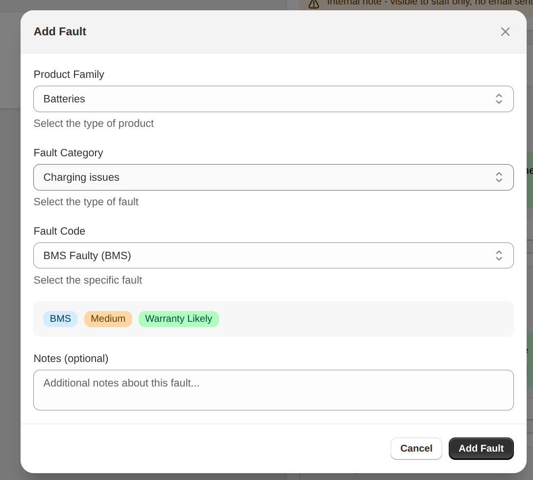Fault code capture modal showing product family, fault category, and specific fault code dropdowns with severity tagging