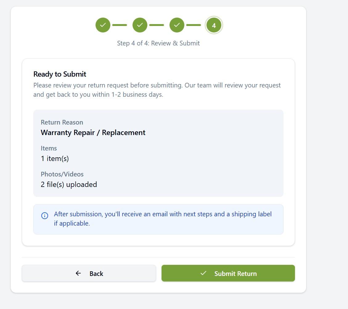 Customer returns portal, final review step: return reason, items and uploaded photos before submitting