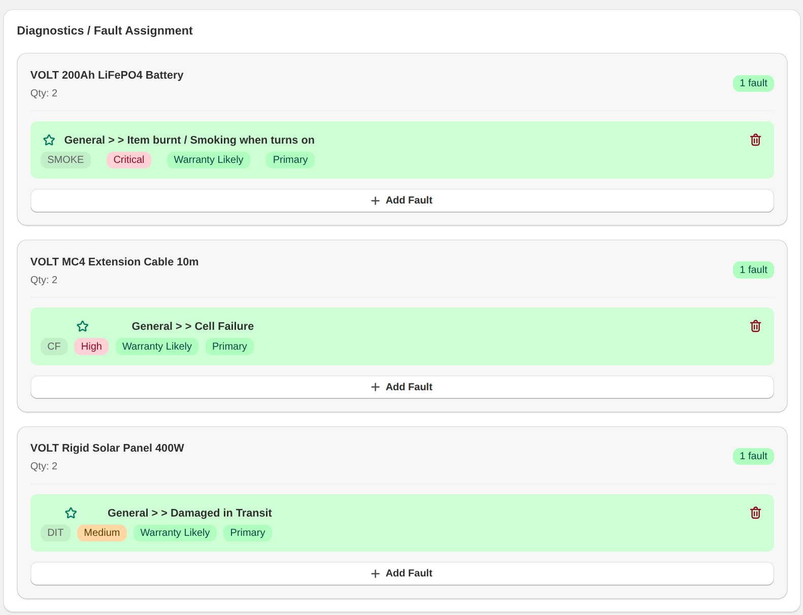 Warehouse fault assignment screen showing per-product fault codes with severity and warranty-likely tags