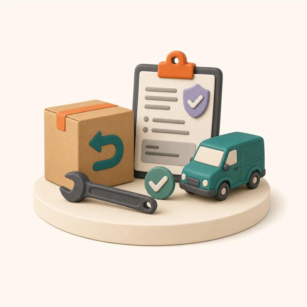 Illustration of a cardboard return box, a clipboard with a document marked with a shield, a wrench and a small delivery van