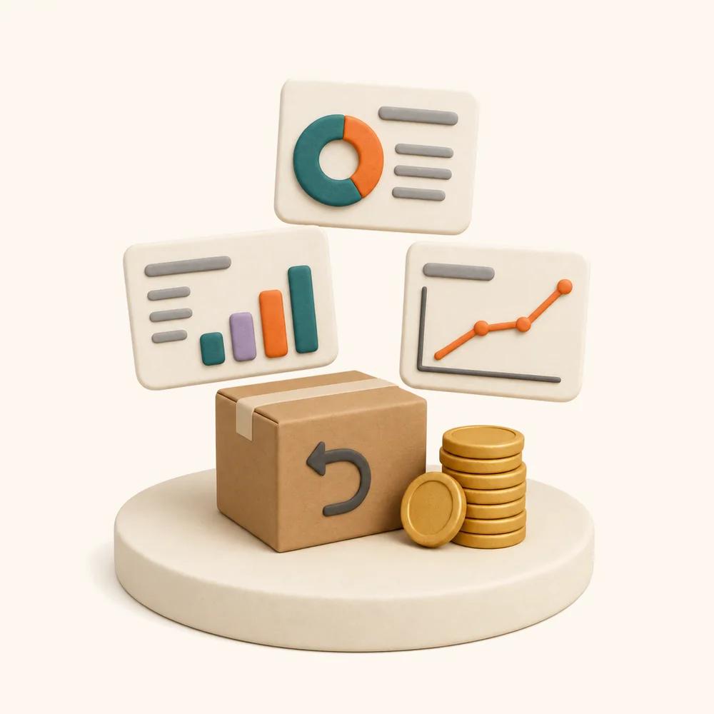 Illustration of three dashboard cards with a donut chart, a bar chart and a line chart above a cardboard return box and a stack of coins