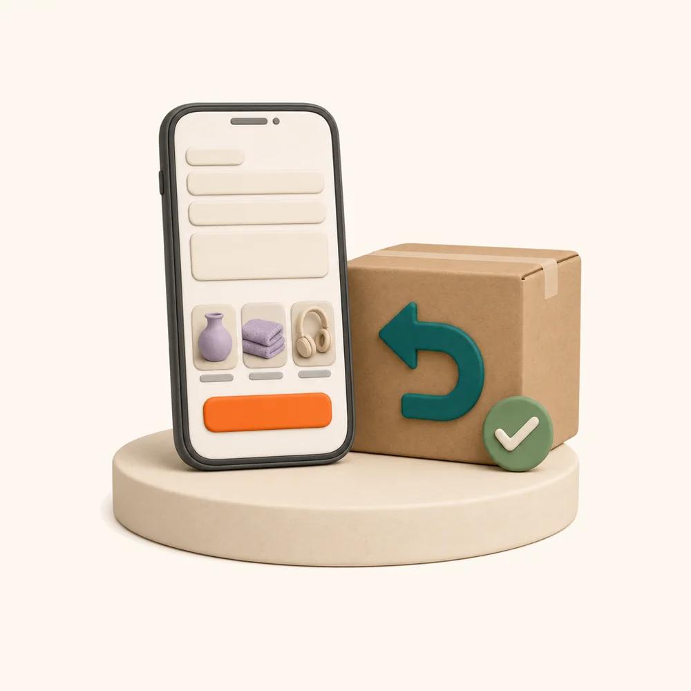 Illustration of a phone showing a simple return form with product thumbnails and an orange button, beside a cardboard return box and a tick badge