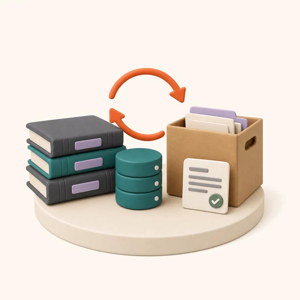 Illustration of ledger books and a database connected by sync arrows to a box of files, with an invoice card marked with a tick