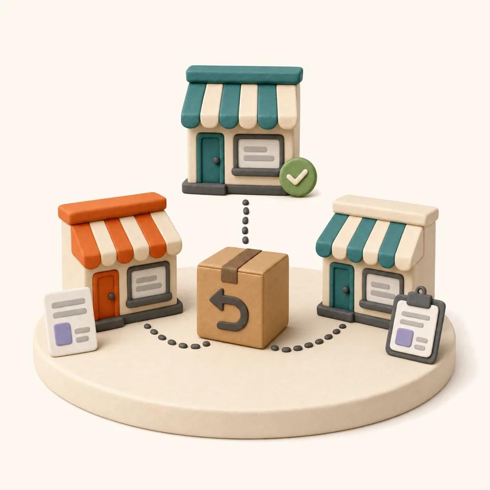 Illustration of three small shopfronts joined by dotted paths to a cardboard return box in the middle