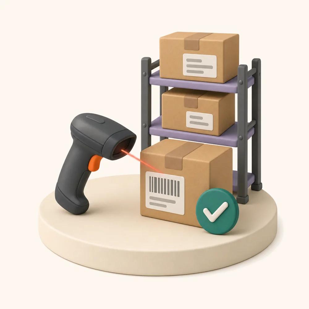 Illustration of a handheld barcode scanner scanning a cardboard return box beside warehouse shelving stacked with boxes, with a tick badge