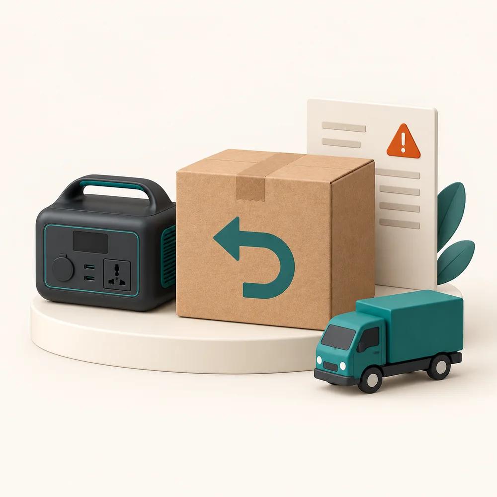 Illustration of a portable power station beside a cardboard return box marked with a return arrow, a transport document bearing an orange hazard warning triangle, and a small teal delivery truck