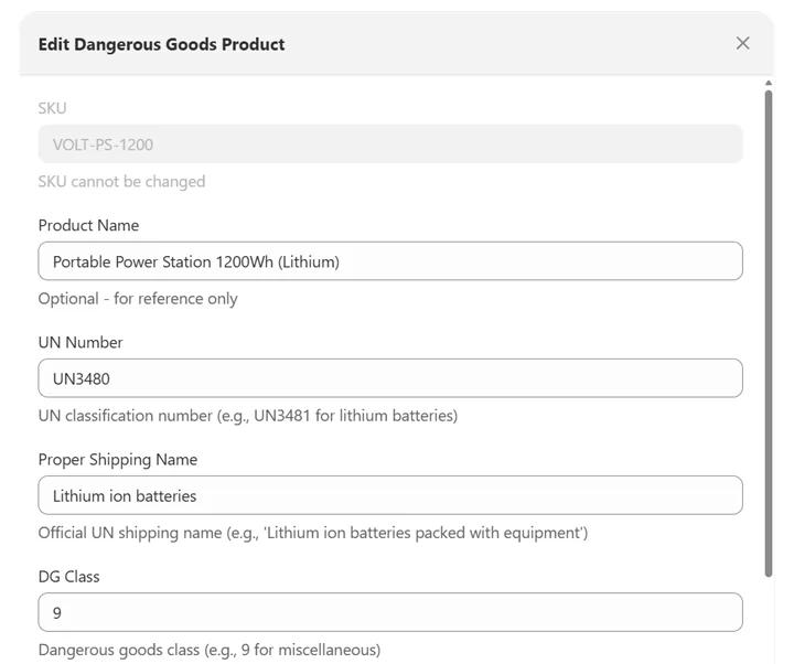ReturnMate Edit Dangerous Goods Product dialog for SKU VOLT-PS-1200, Portable Power Station 1200Wh (Lithium): UN number UN3480, proper shipping name Lithium ion batteries, DG class 9