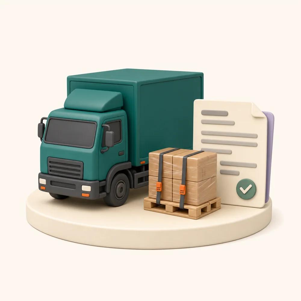 Illustration of a freight truck, a pallet of strapped boxes and a consignment document with a tick