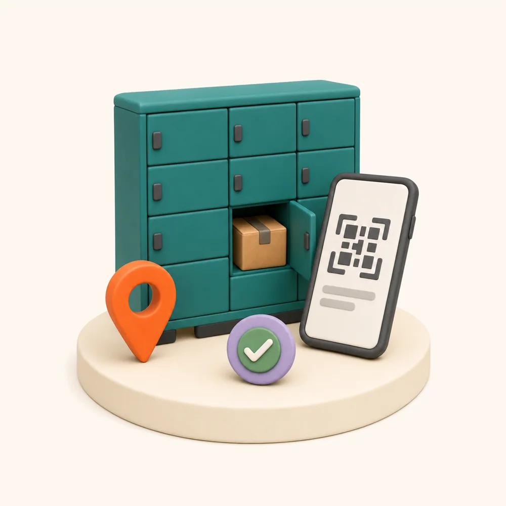 Illustration of parcel lockers with one door open on a parcel, a phone showing a pickup code and a map pin