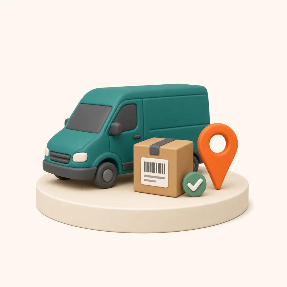 Illustration of a delivery van, a parcel with a barcode label, a map pin and a tick badge