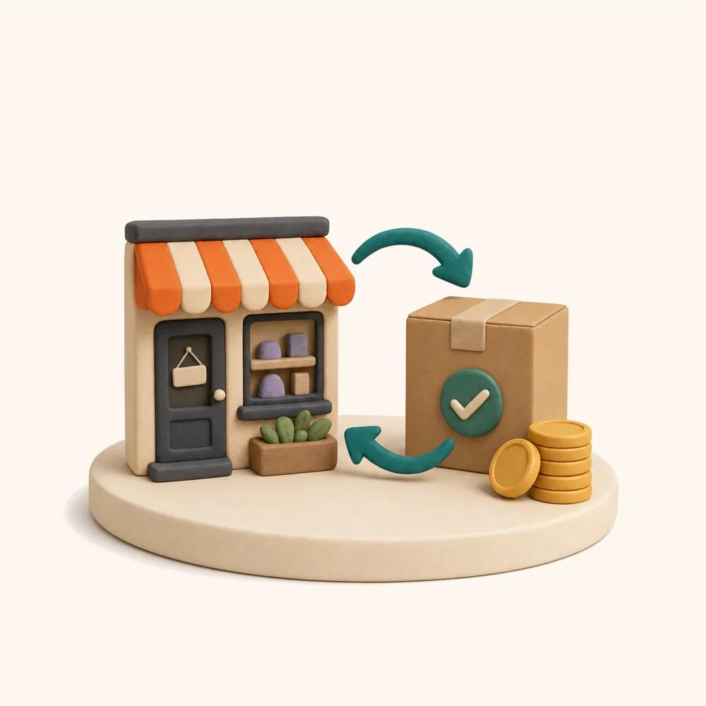 Illustration of a shopfront linked by sync arrows to a cardboard return box, with a stack of coins
