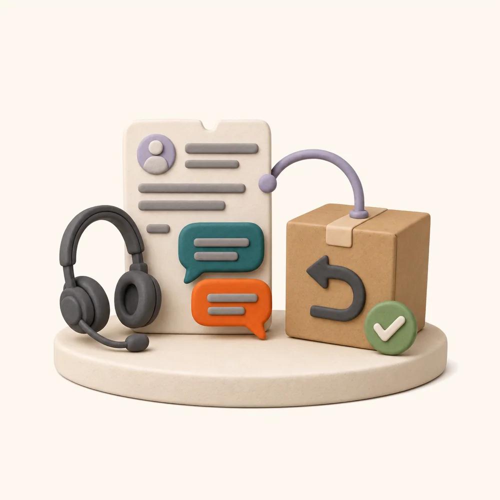 Illustration of a support ticket card with chat bubbles and a headset, linked to a cardboard return box with a tick