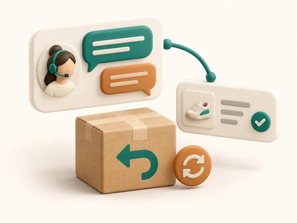 Illustration of a support chat card with an agent wearing a headset, linked to a return record card showing a shoe with a tick, above a cardboard return box with a return arrow and a sync symbol