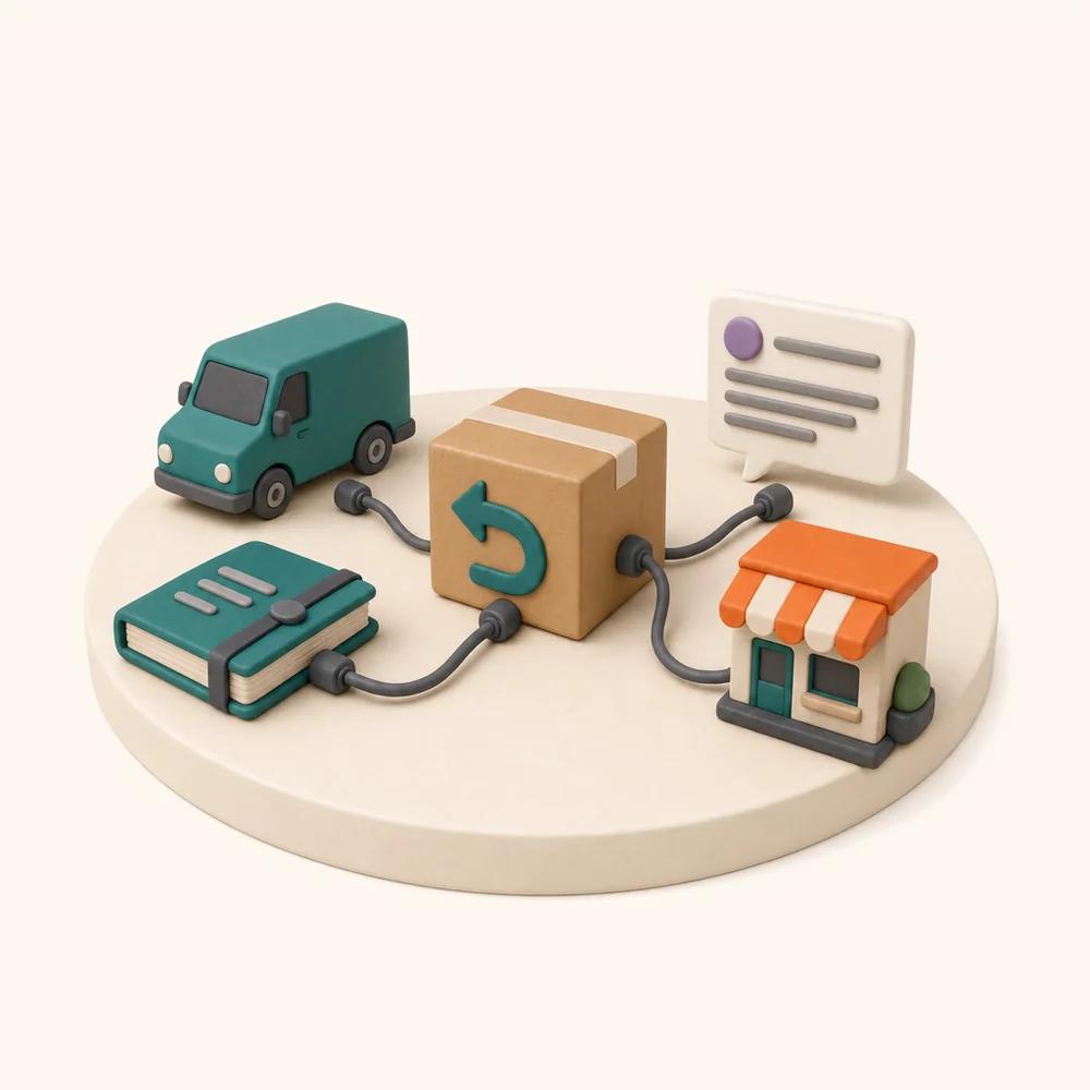 Illustration of a cardboard return box connected by cables to a delivery van, a ledger book, a shopfront and a message card