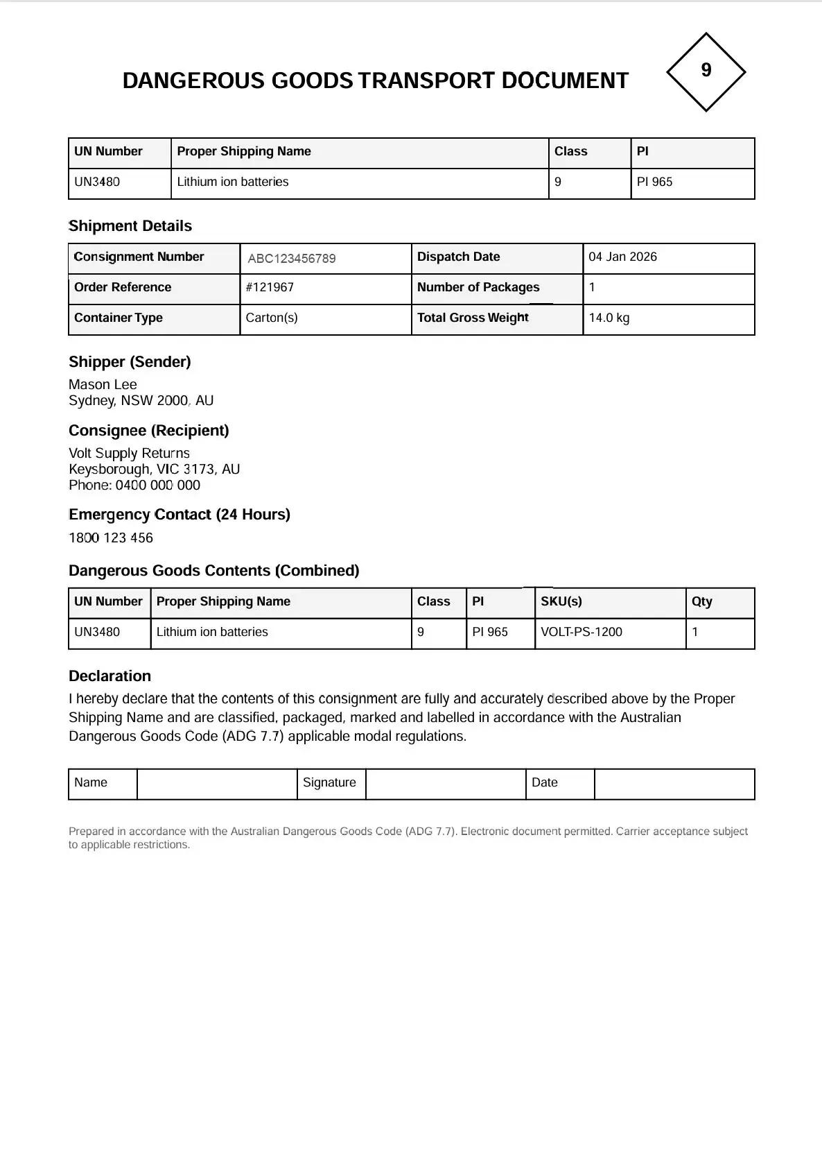 Dangerous goods documentation generated automatically for a lithium battery return