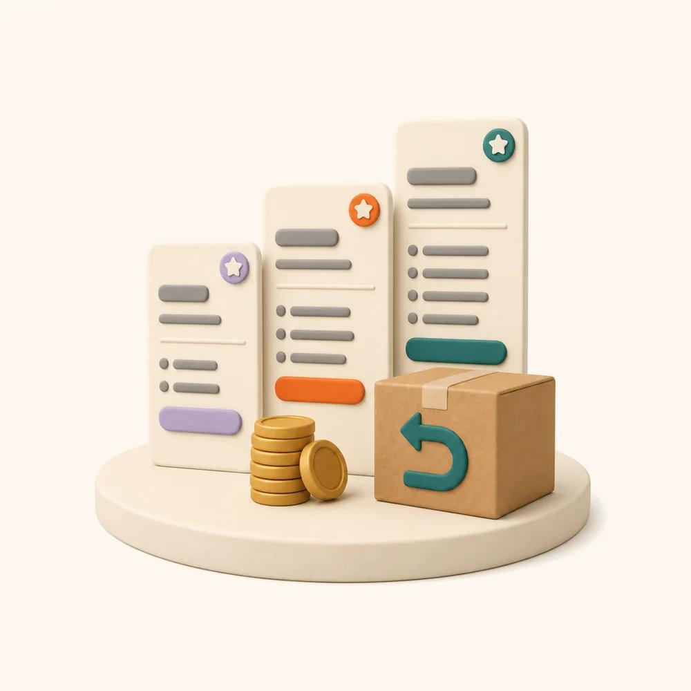 Illustration of three plan cards of increasing height with a stack of coins and a cardboard return box