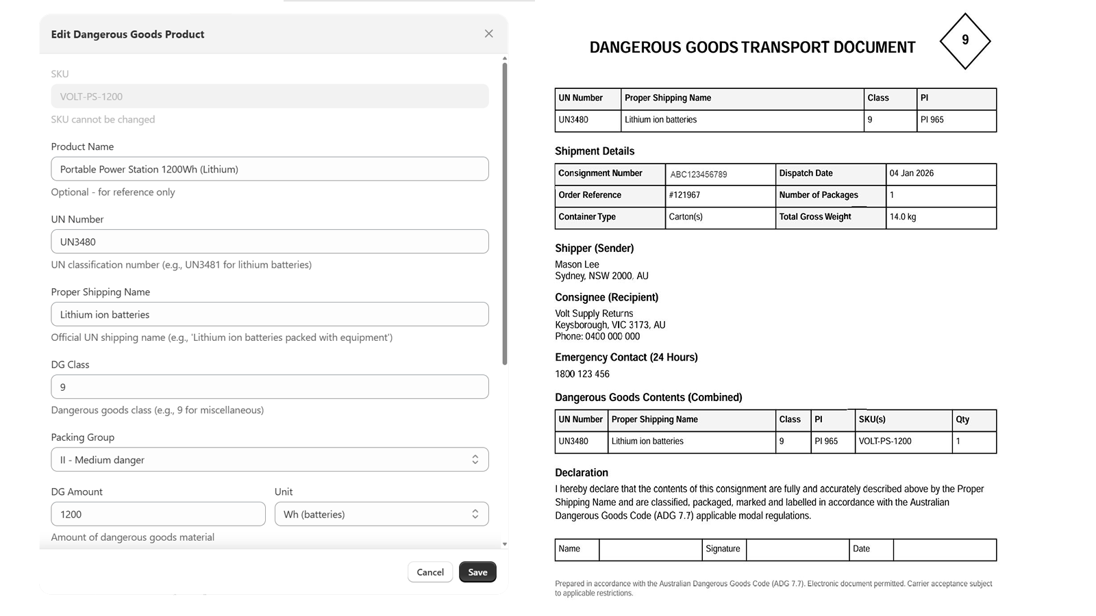 Dangerous goods configuration and compliant documentation