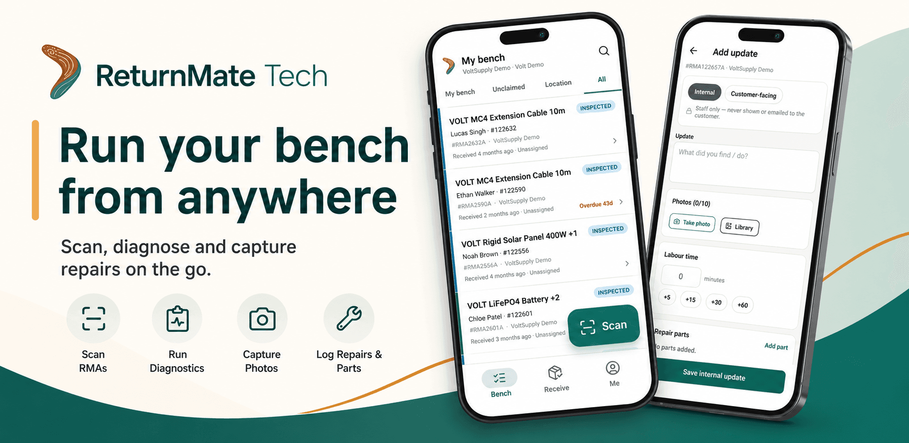 ReturnMate Tech — run your bench from anywhere. Scan RMAs, run diagnostics, capture photos, log repairs and parts.