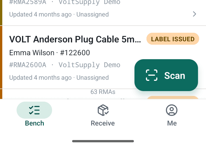 Scan button on the ReturnMate Tech bench view, with the Bench, Receive and Me tabs