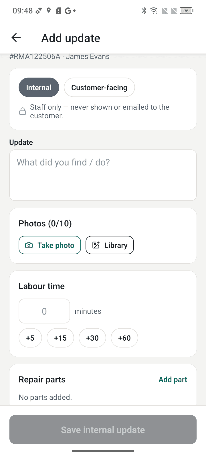ReturnMate Tech add-update screen with internal notes, photos, labour time and repair parts
